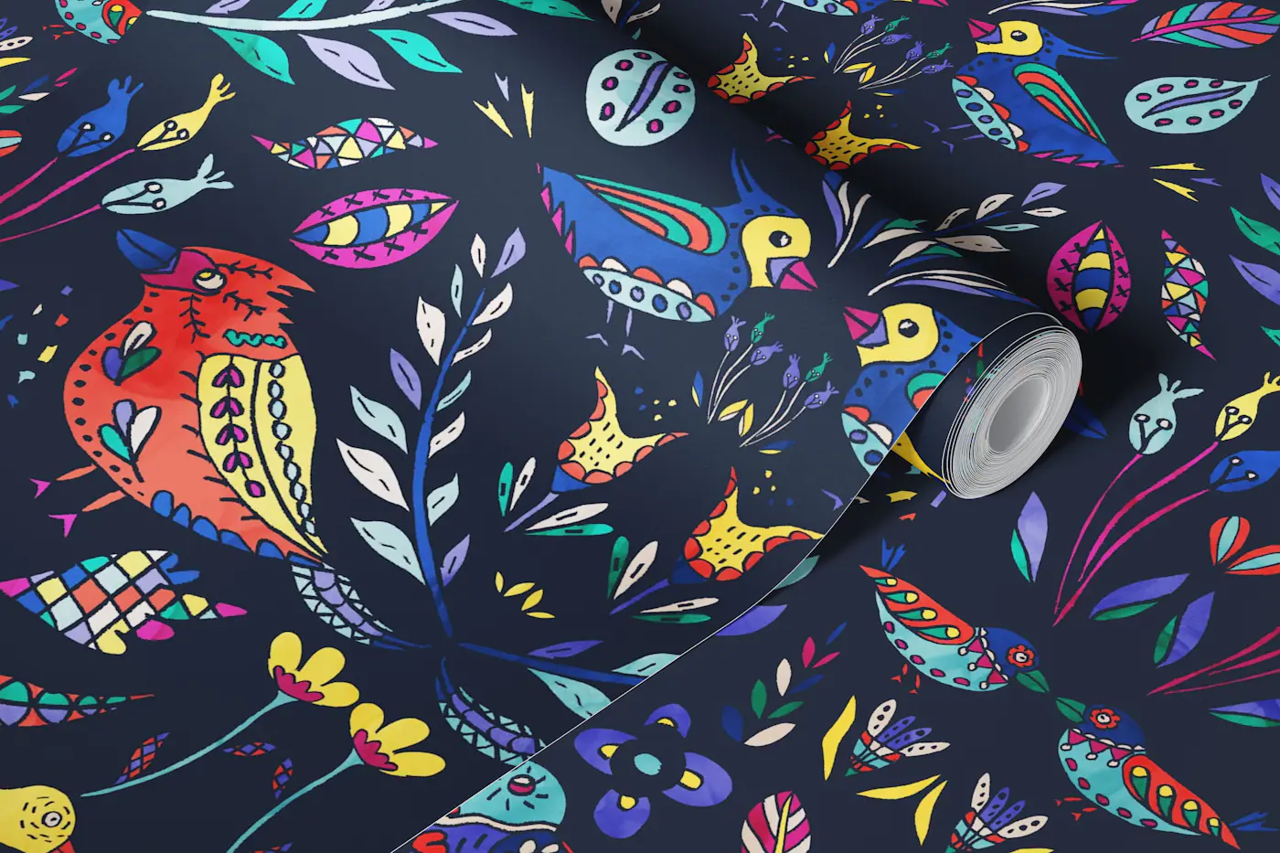 Scandinavian Flowers and Birds Navy wallpaper roll