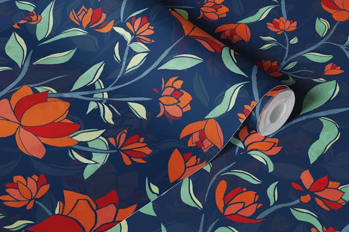 Maximalist Folk Floral Garden Red and Bluewallpaper roll
