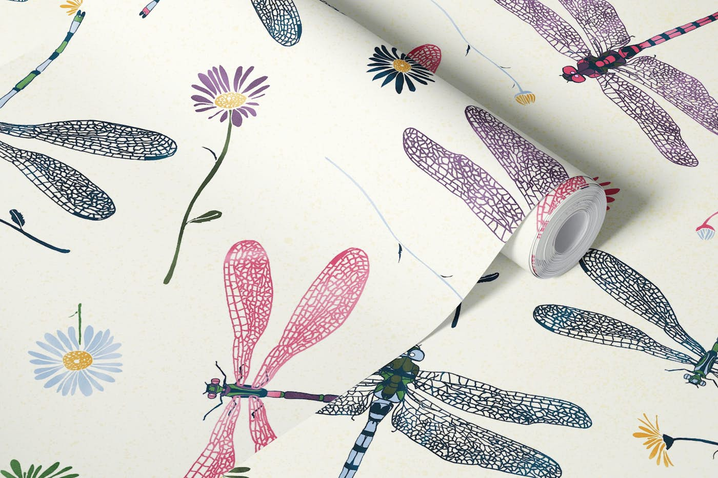 Dragonflies and Damselflies among colorful flowers wallpaper roll