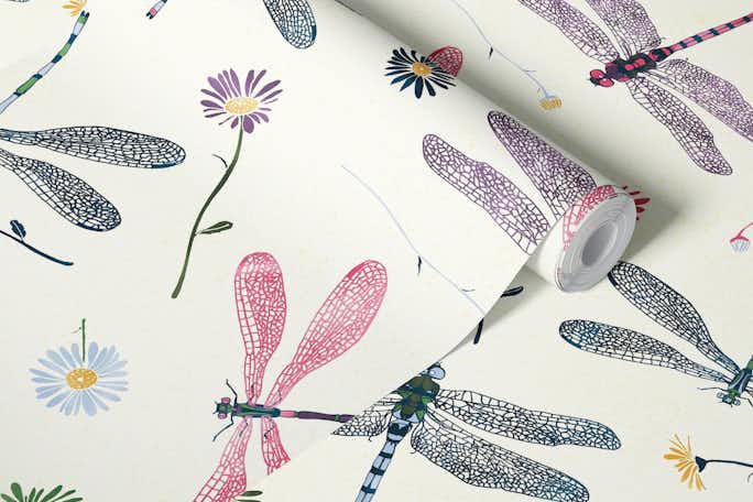 Dragonflies and Damselflies among colorful flowerswallpaper roll