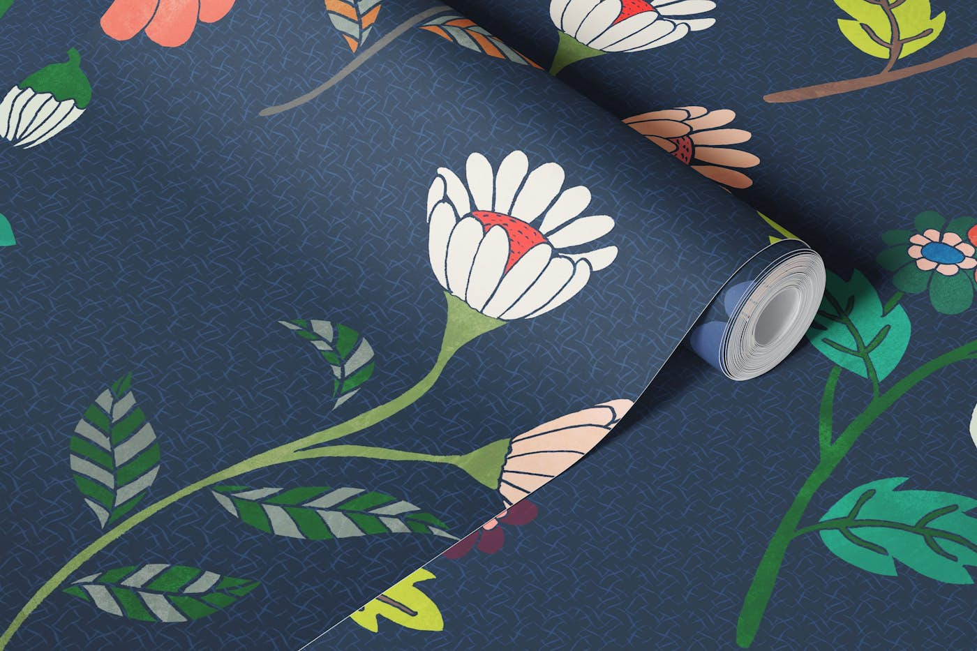 Elegant Daisies Navy Background wallpaper roll