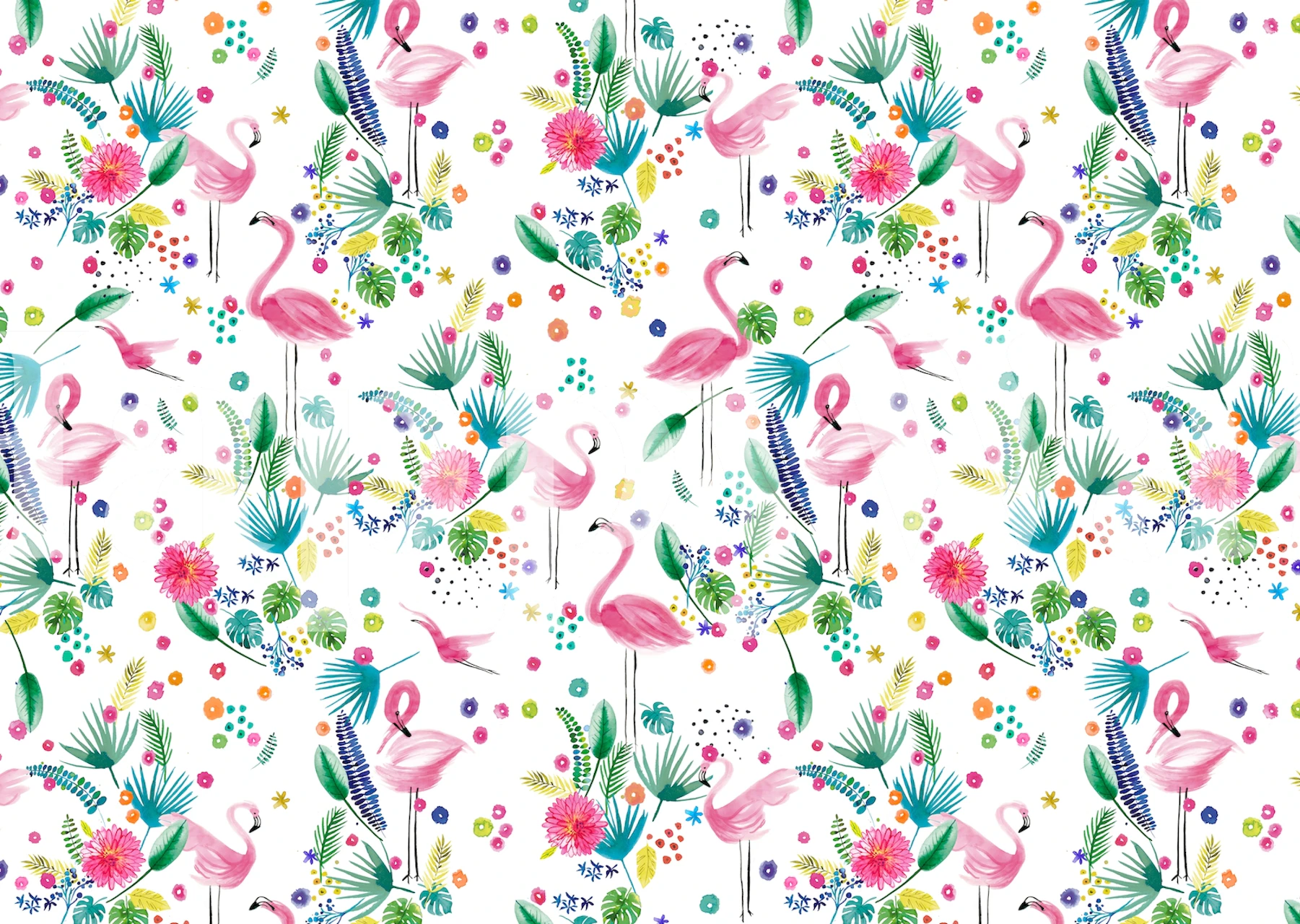 A colorful wall mural featuring pink flamingos with tropical foliage and flowers.