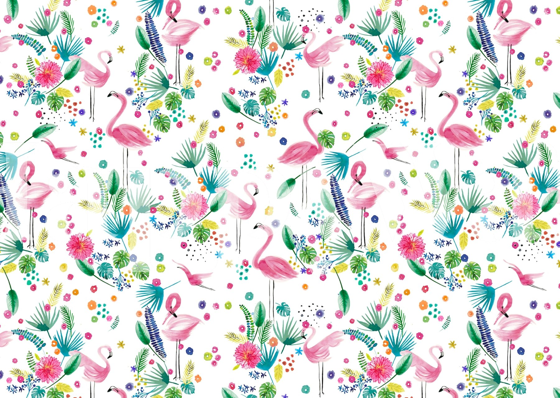 A colorful wall mural featuring pink flamingos with tropical foliage and flowers.