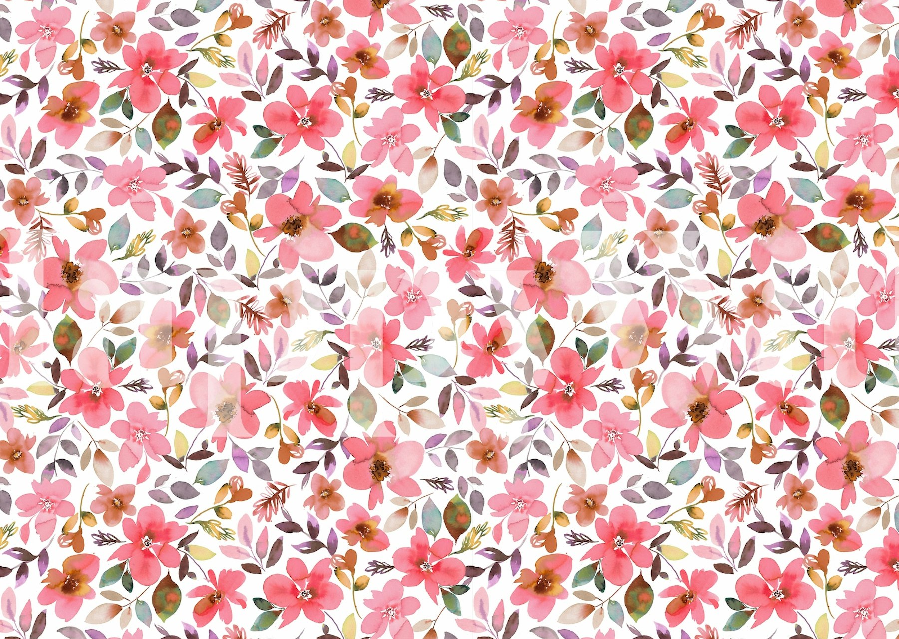 Pink floral pattern with green leaves wallpaper