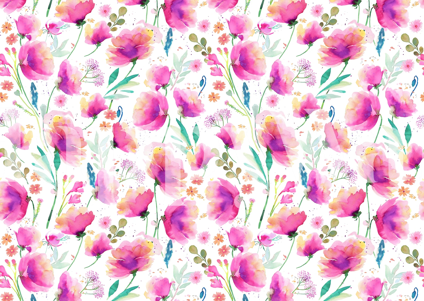 Pink and green watercolor floral pattern wallpaper