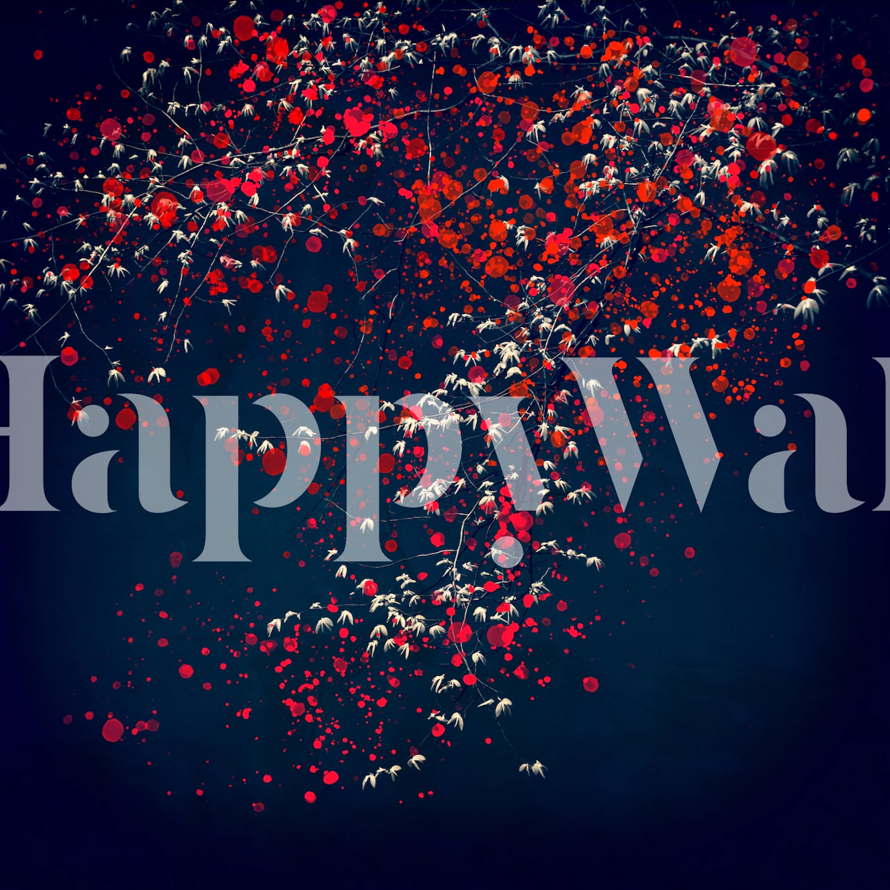 Abstract wall mural of a tree with red and white blossoms against a dark blue background