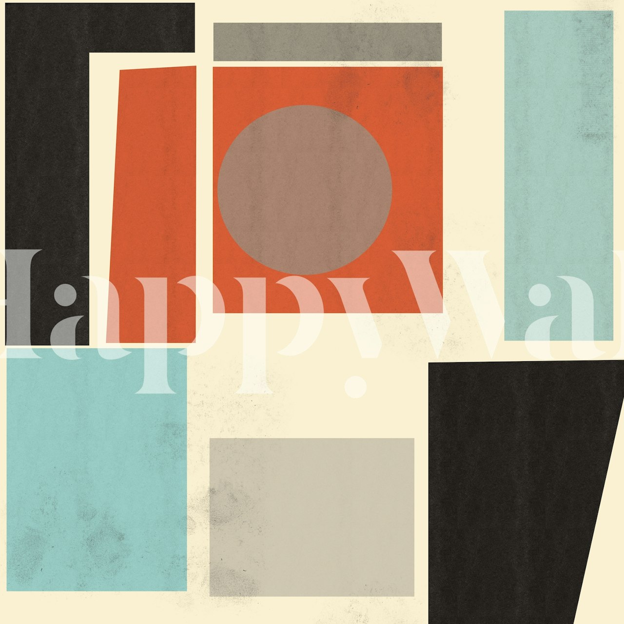 Geometric patterns in orange, black, light blue, and beige wallpaper