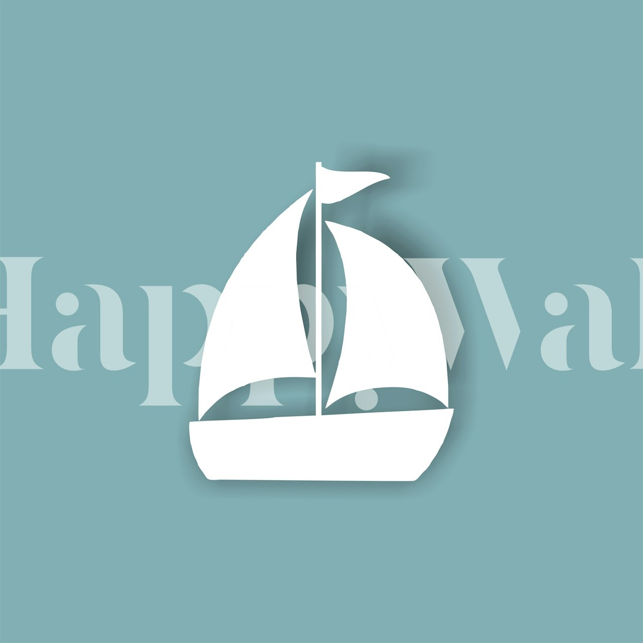 Teal blue background with a simplistic white boat silhouette wall mural
