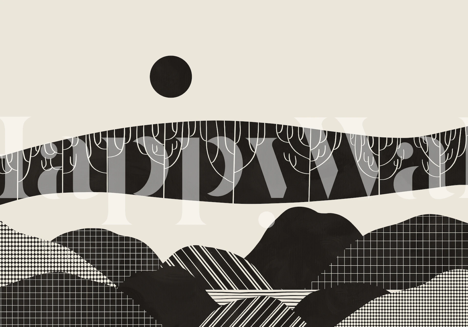 Black and white retro landscape wallpaper with trees and mountains