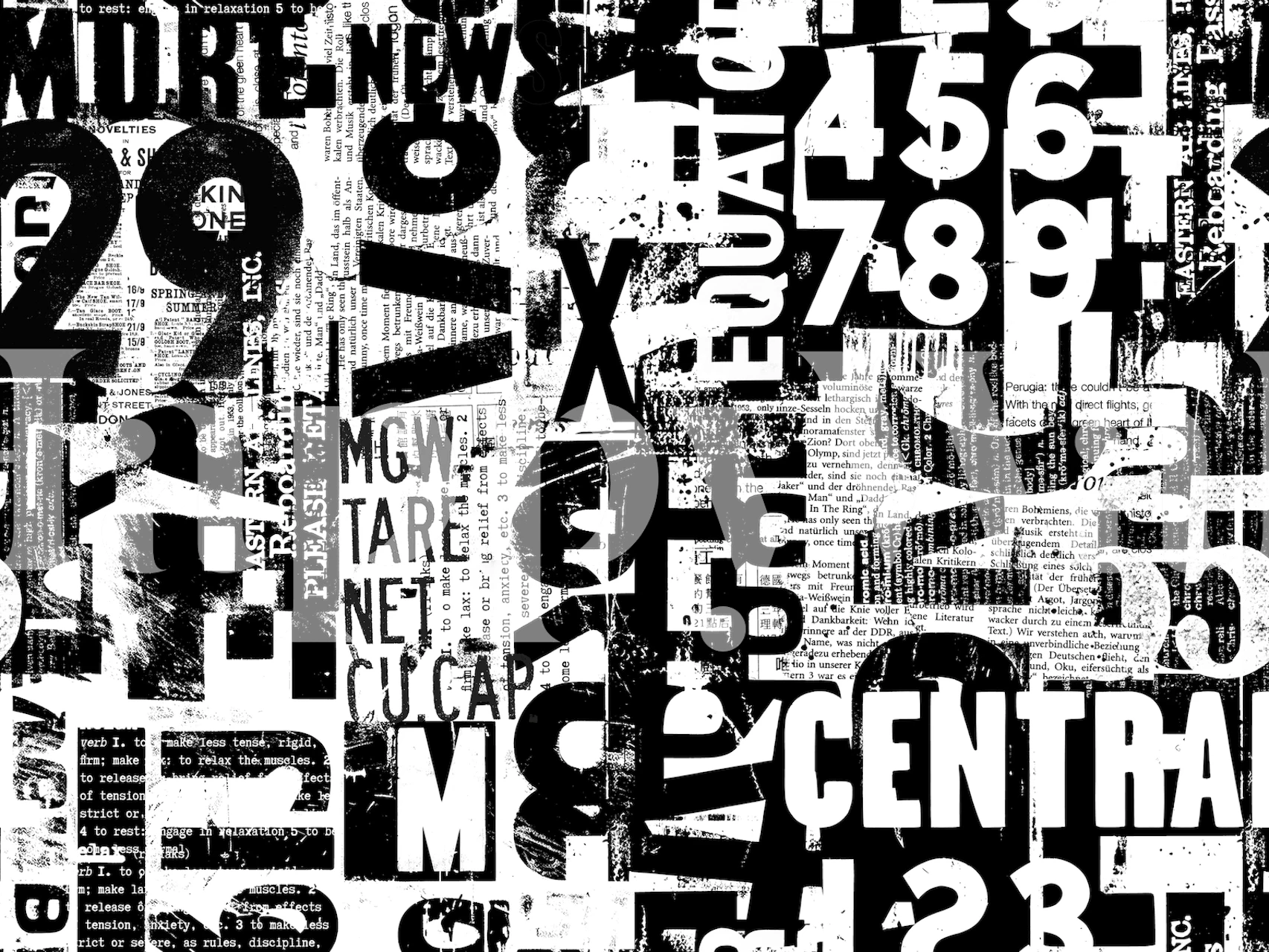 Black and white grunge typography wallpaper featuring various letters and numbers in a chaotic layout