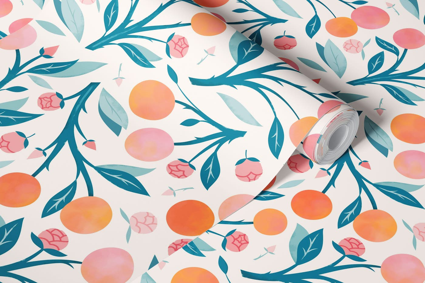 Pink Peaches and Peony Buds wallpaper roll