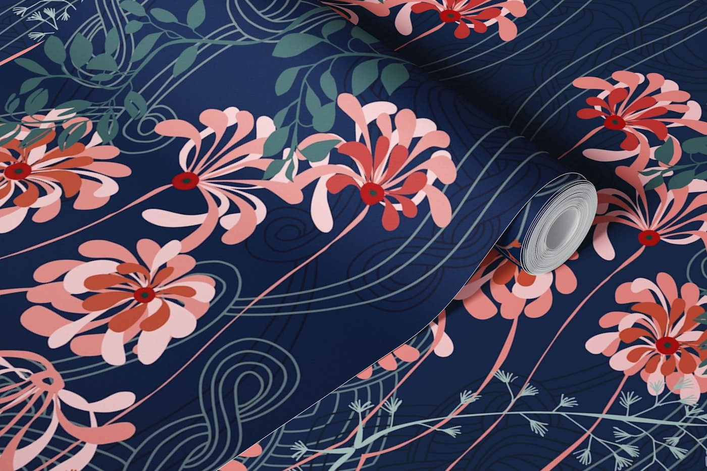 Art Nouveau floral dark blue pattern wallpaper roll