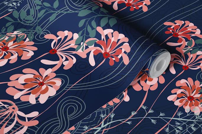 Art Nouveau floral dark blue patternwallpaper roll