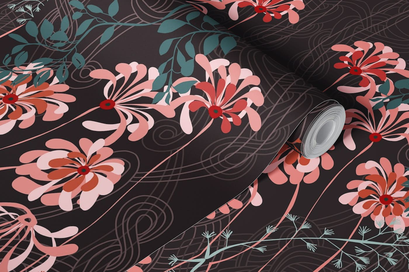 Art Nouveau floral taupe pattern wallpaper roll