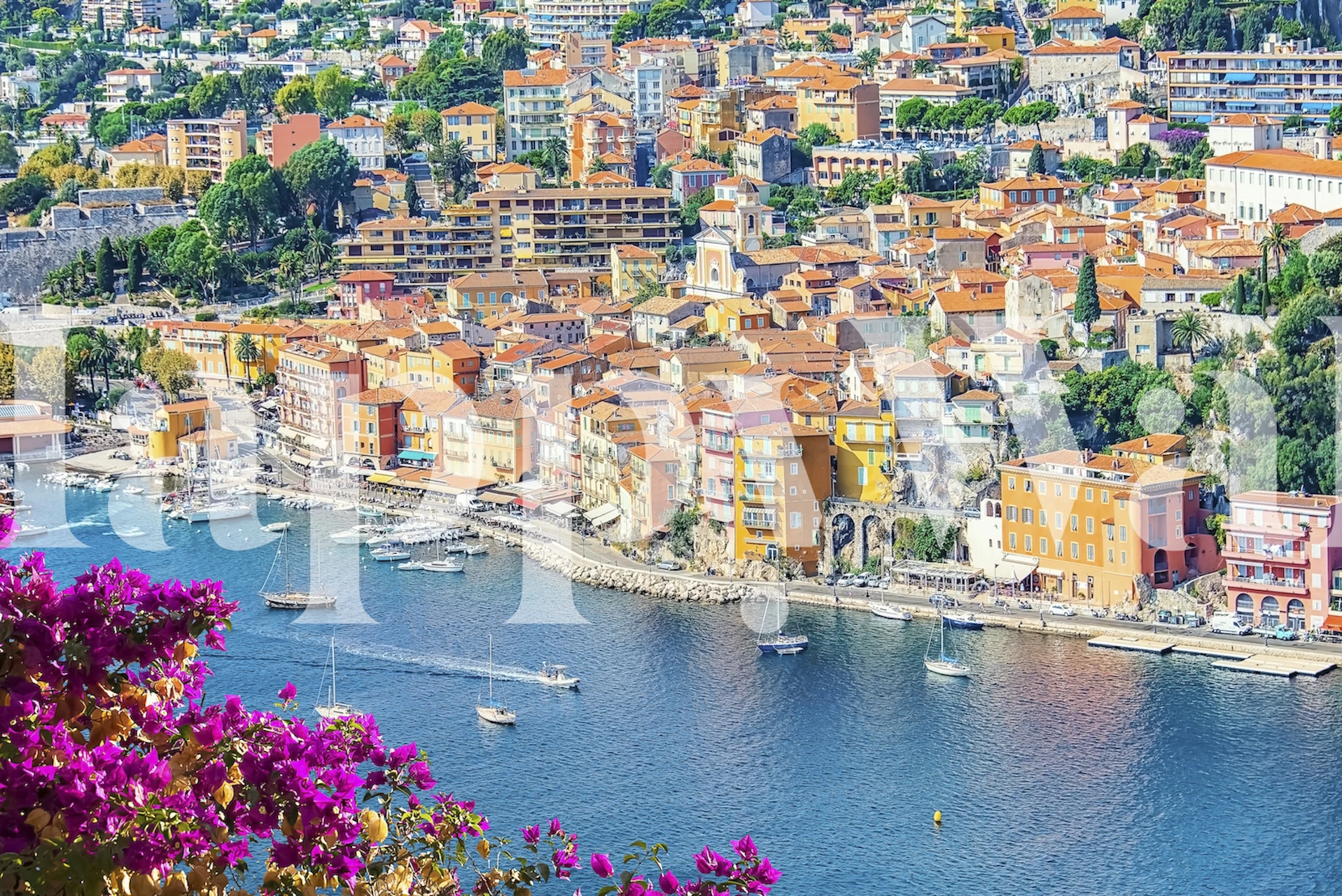 Villefranche-Sur-Mer coastal village wall mural with blooming flowers and clear waters