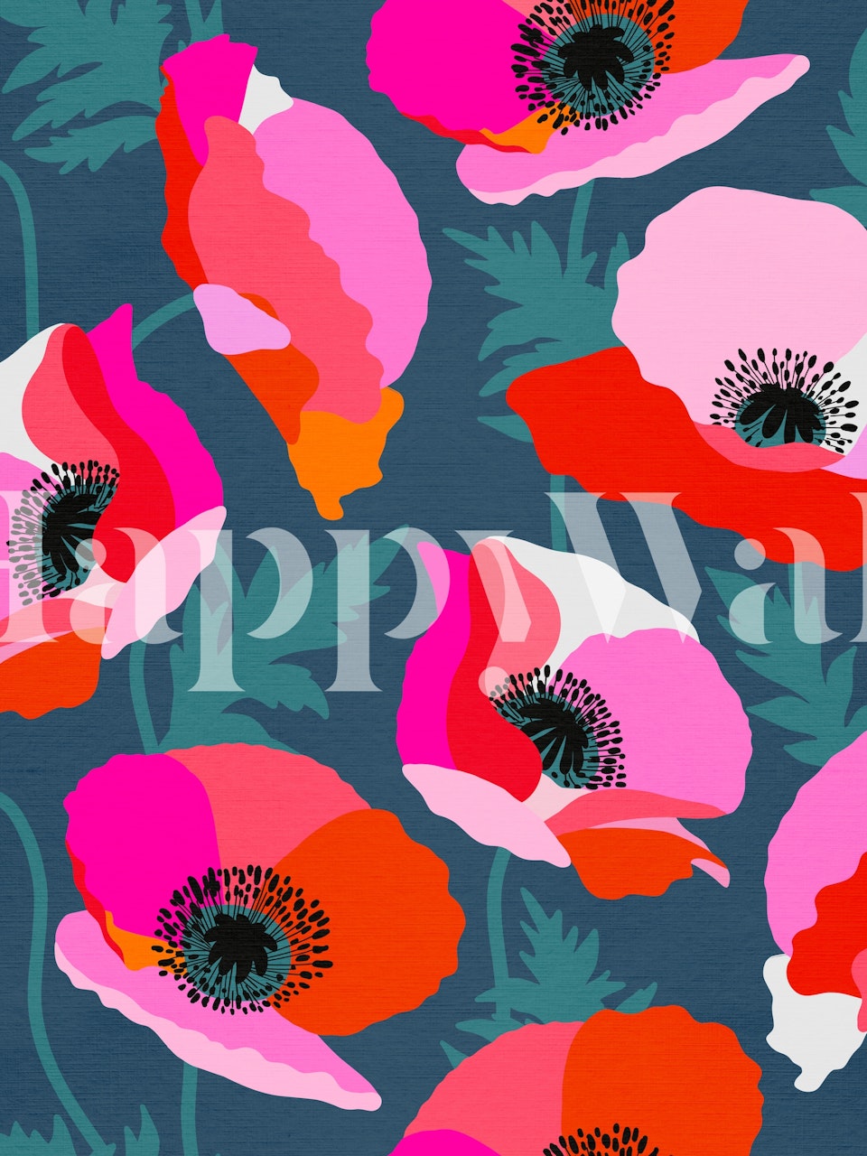 Vibrant pink and red poppies on a rich Aegean blue background wall mural
