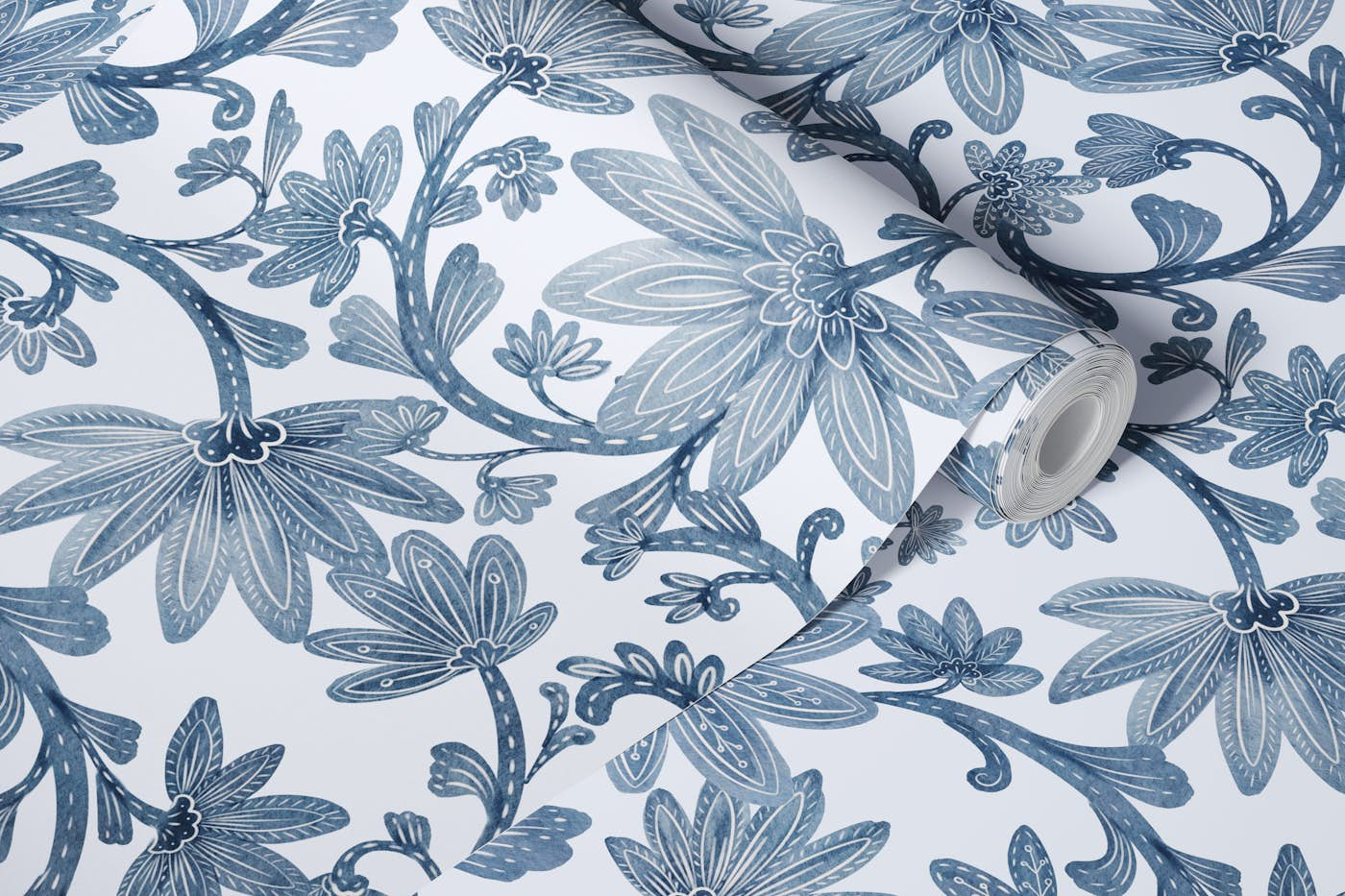 Indigo flower repeat pattern wallpaper roll