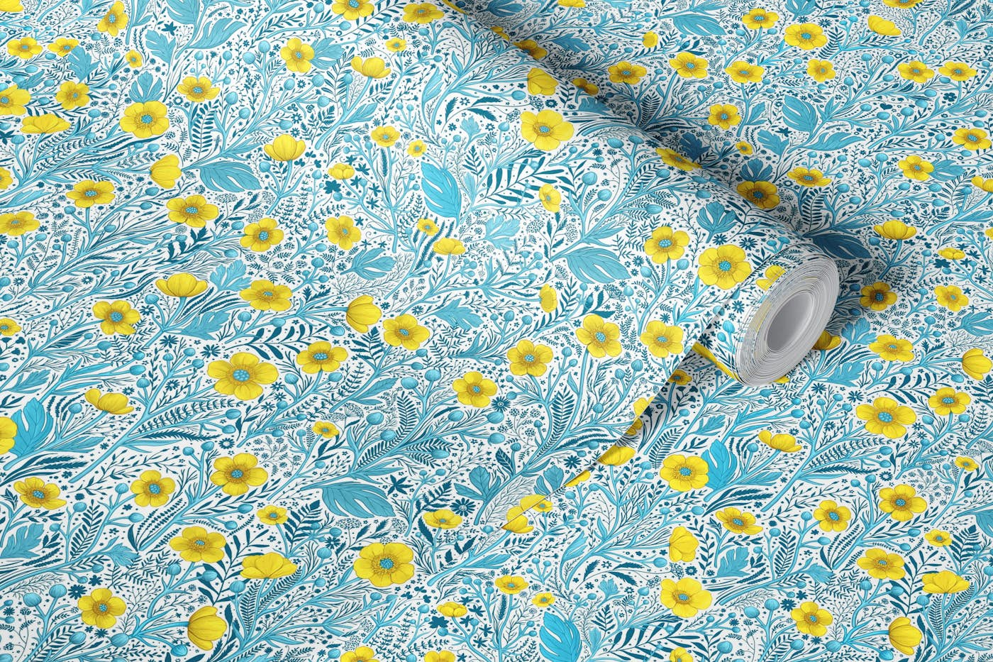 Buttercups, yellow, blue and white wallpaper roll