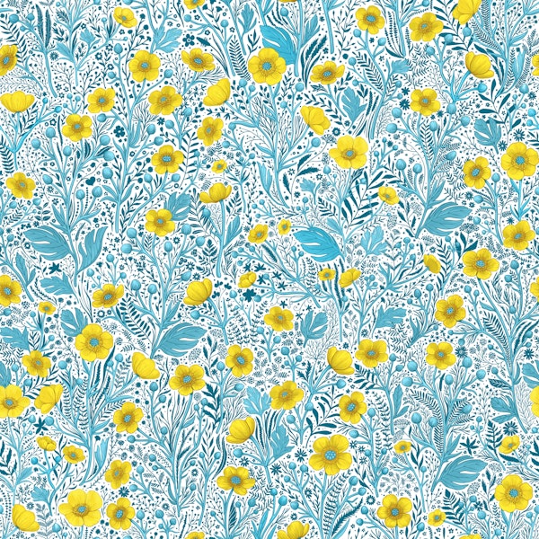 Buttercups, yellow, blue and white