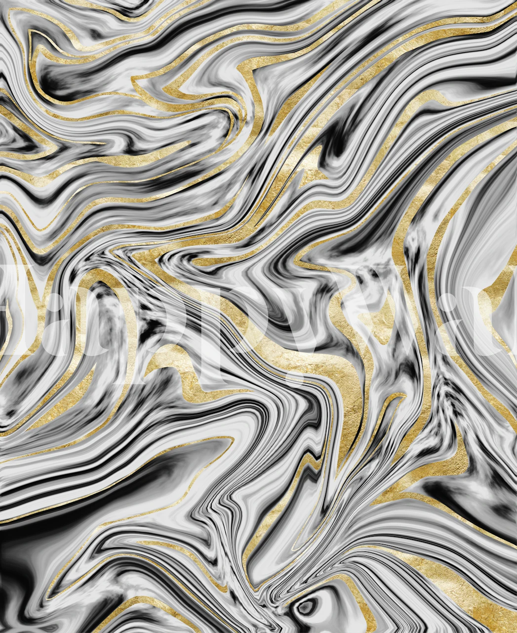 Swirling gray, black, white, and gold marble pattern wall mural