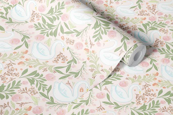 whimsical Swans and floralswallpaper roll