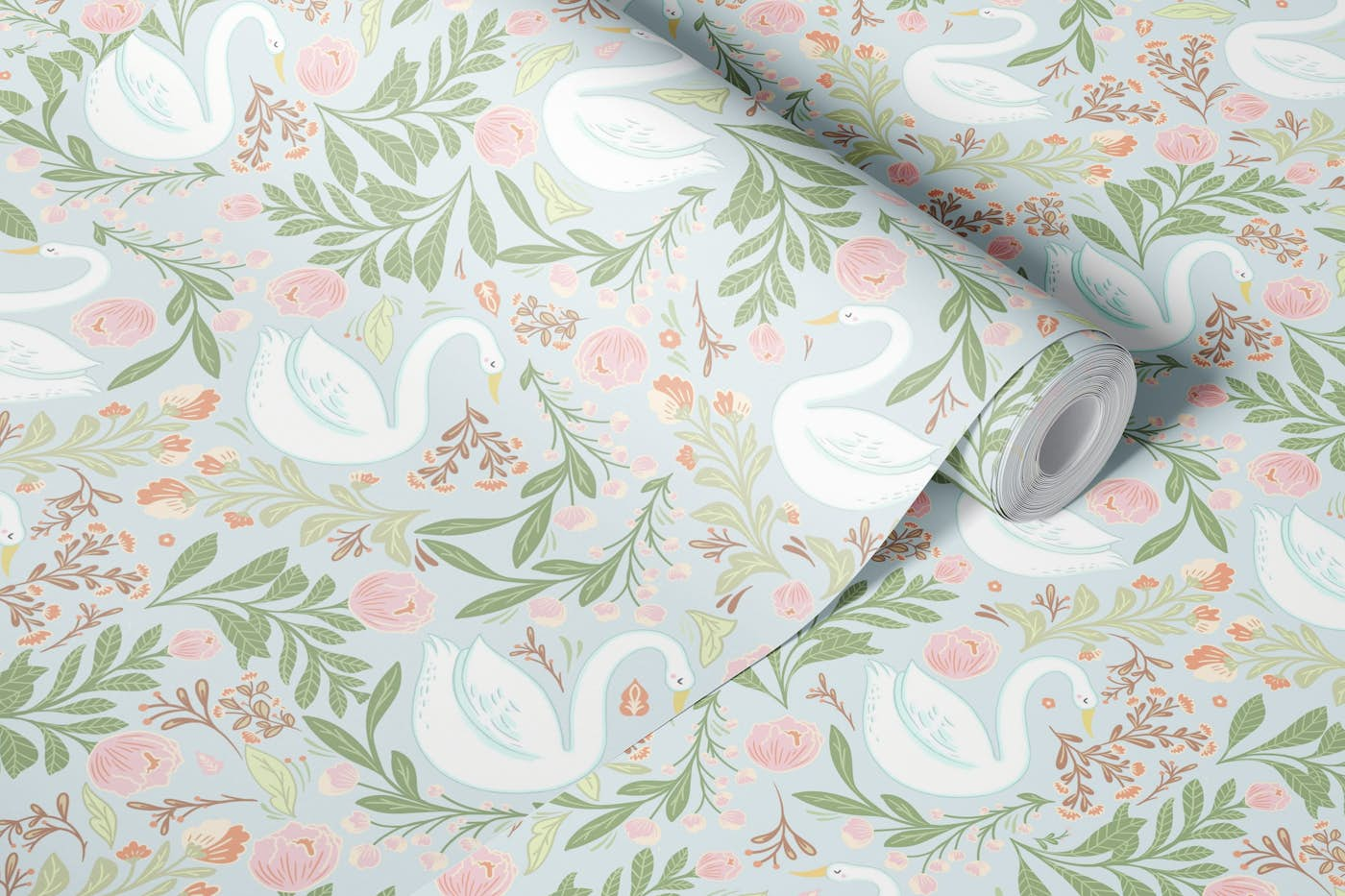 Whimsical Swan and flower design wallpaper roll