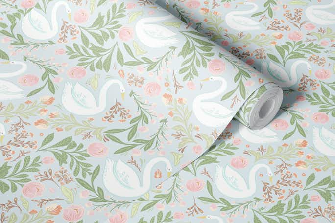 Whimsical Swan and flower designwallpaper roll