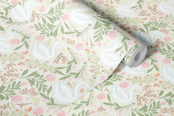 Whimsical Swans and flower designwallpaper roll