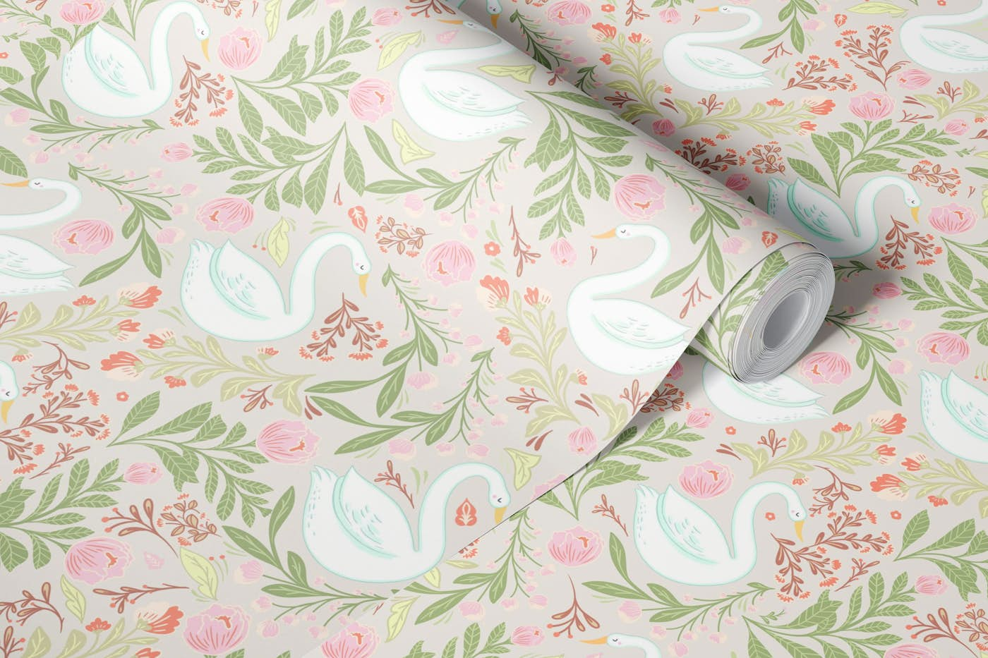 Whimsical swans and flower wallpaper roll