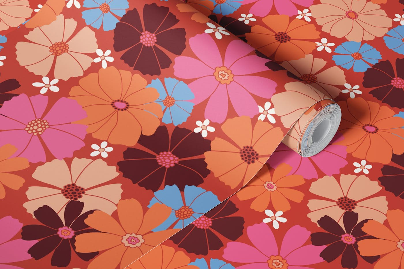 Retro Flower Meadow Pattern Red wallpaper roll