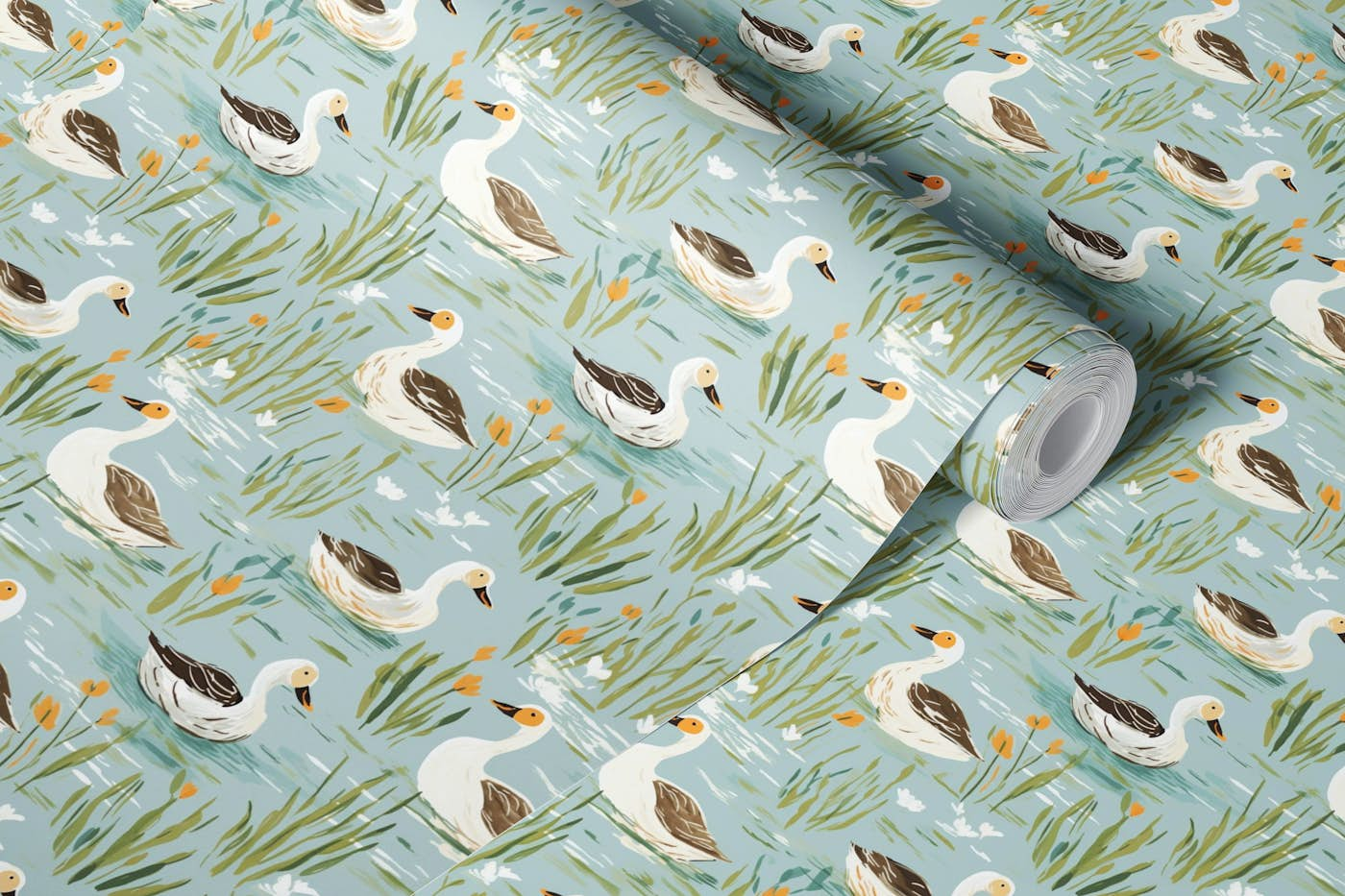 Ducks on lake in Teal wallpaper roll