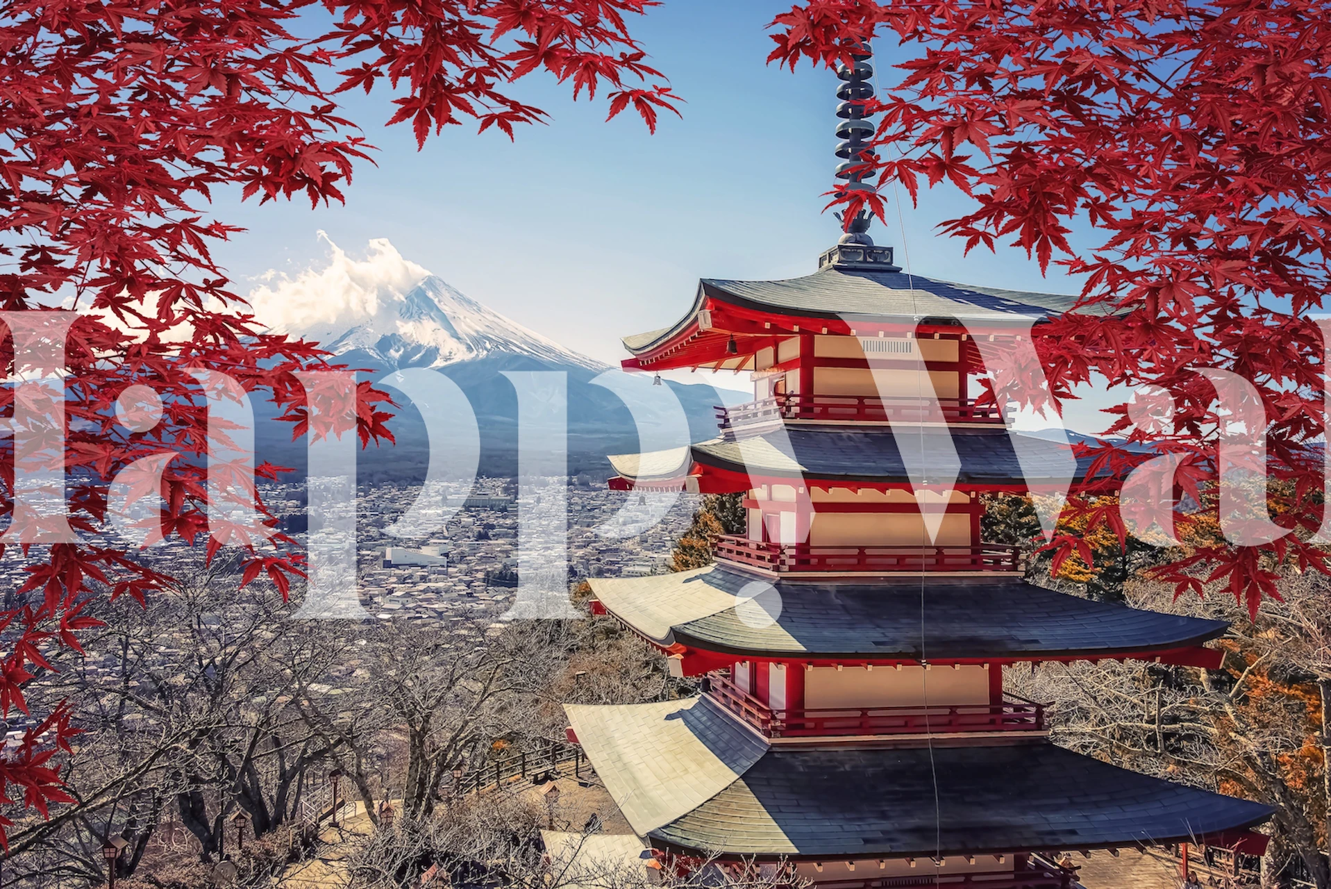 Japanese landscape featuring red maple leaves and Mt. Fuji wallpaper
