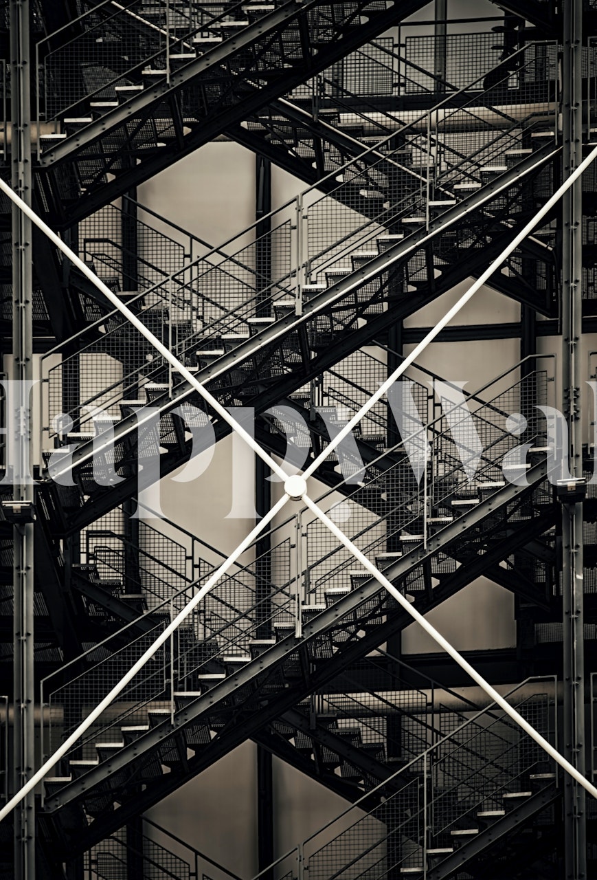 Into The City wall mural with black and white scaffolding design