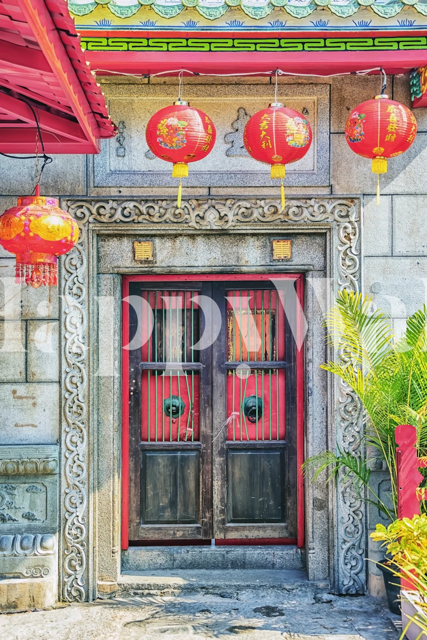 Chinese architecture with red lanterns and wooden door wallpaper