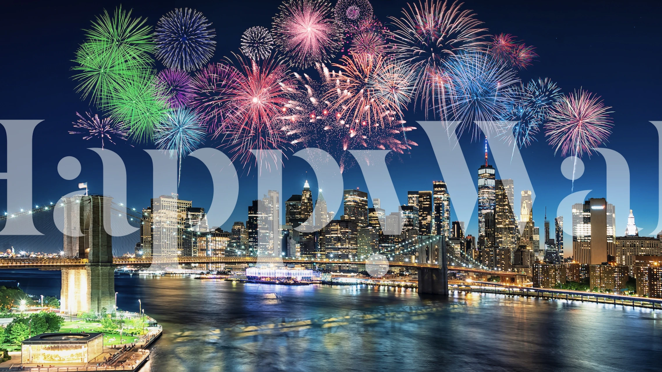 New Year's Eve wallpaper showcasing fireworks in a city.