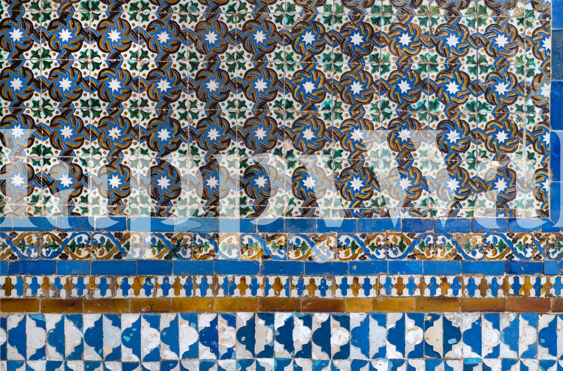 Colorful Spanish tile pattern in blue and green tones wallpaper