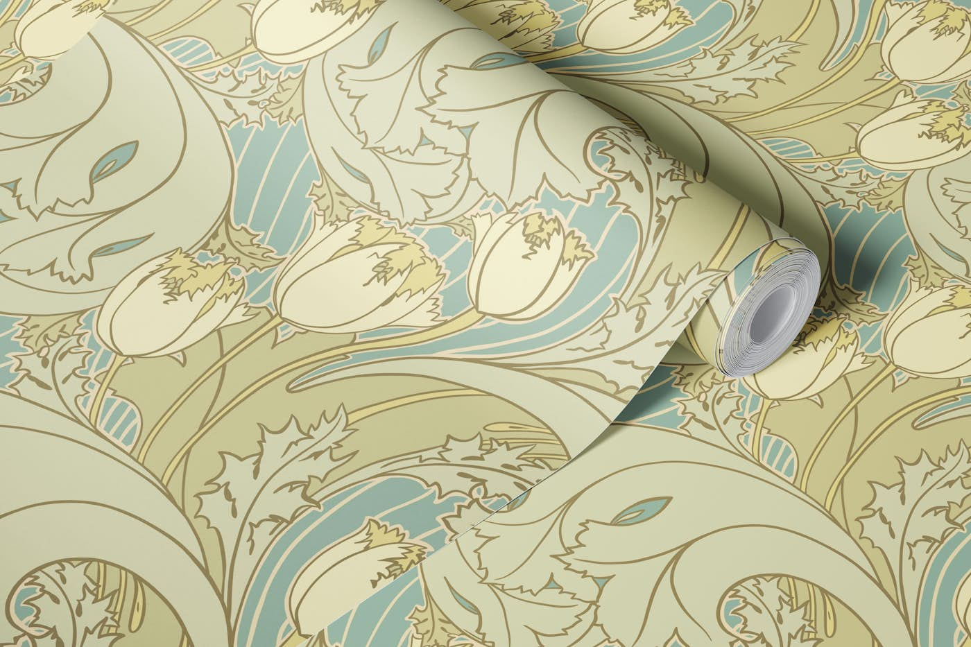 Tulips pattern in green blue ivory wallpaper roll