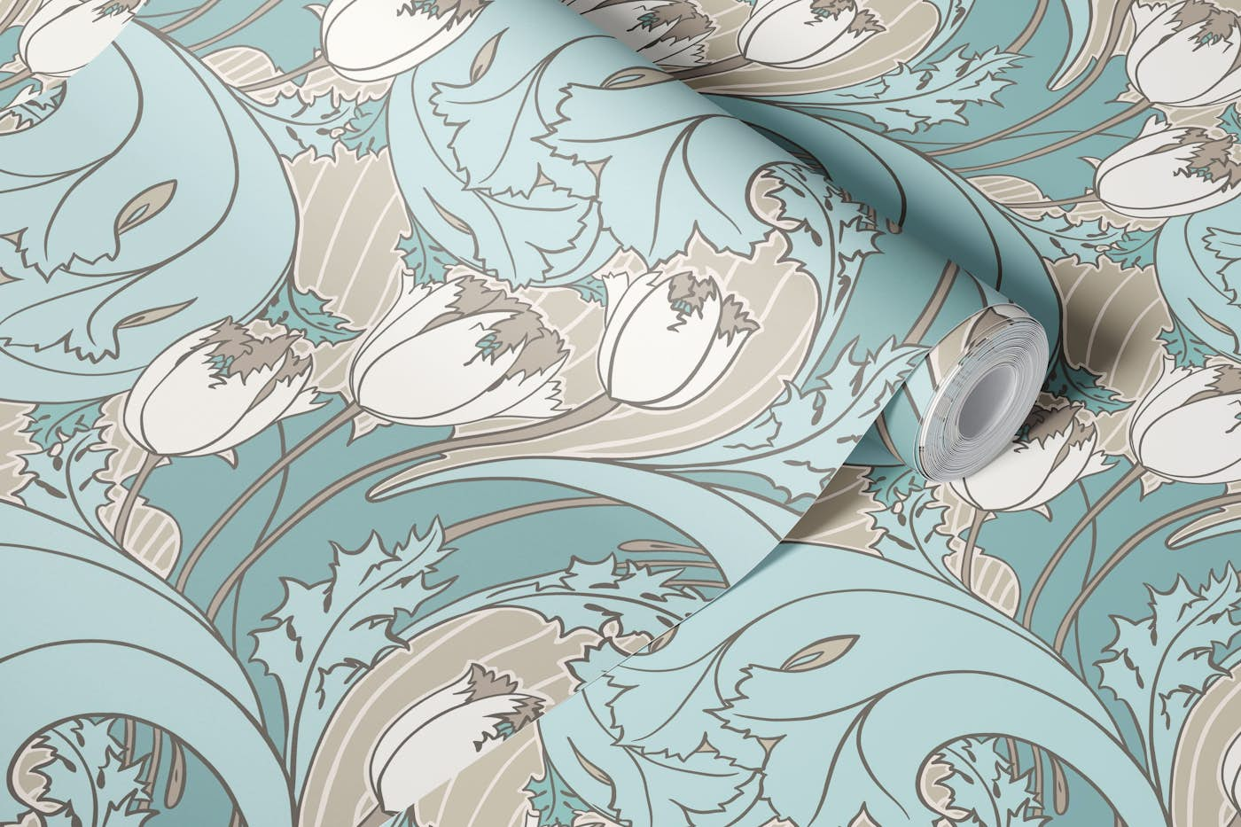 Tulips pattern in duck eggg blue grey white wallpaper roll