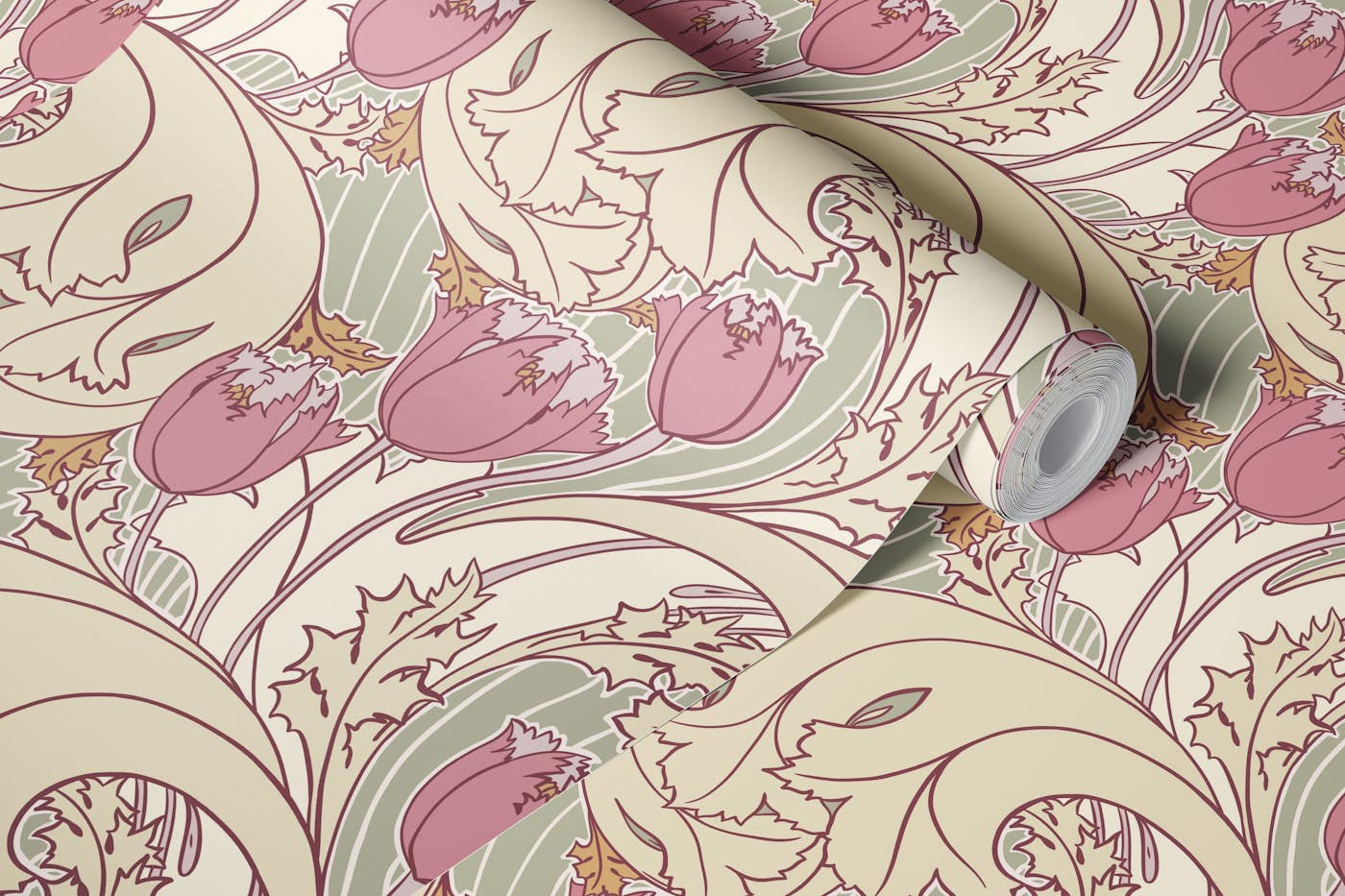 Tulips pattern in ivory sage pink wallpaper roll