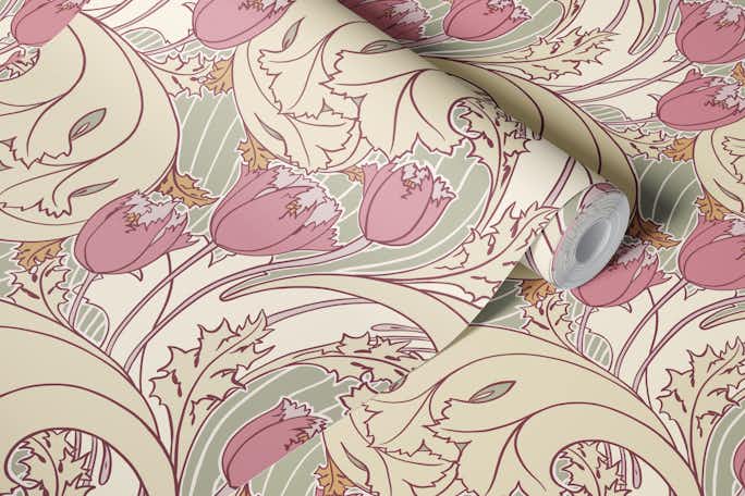 Tulips pattern in ivory sage pinkwallpaper roll