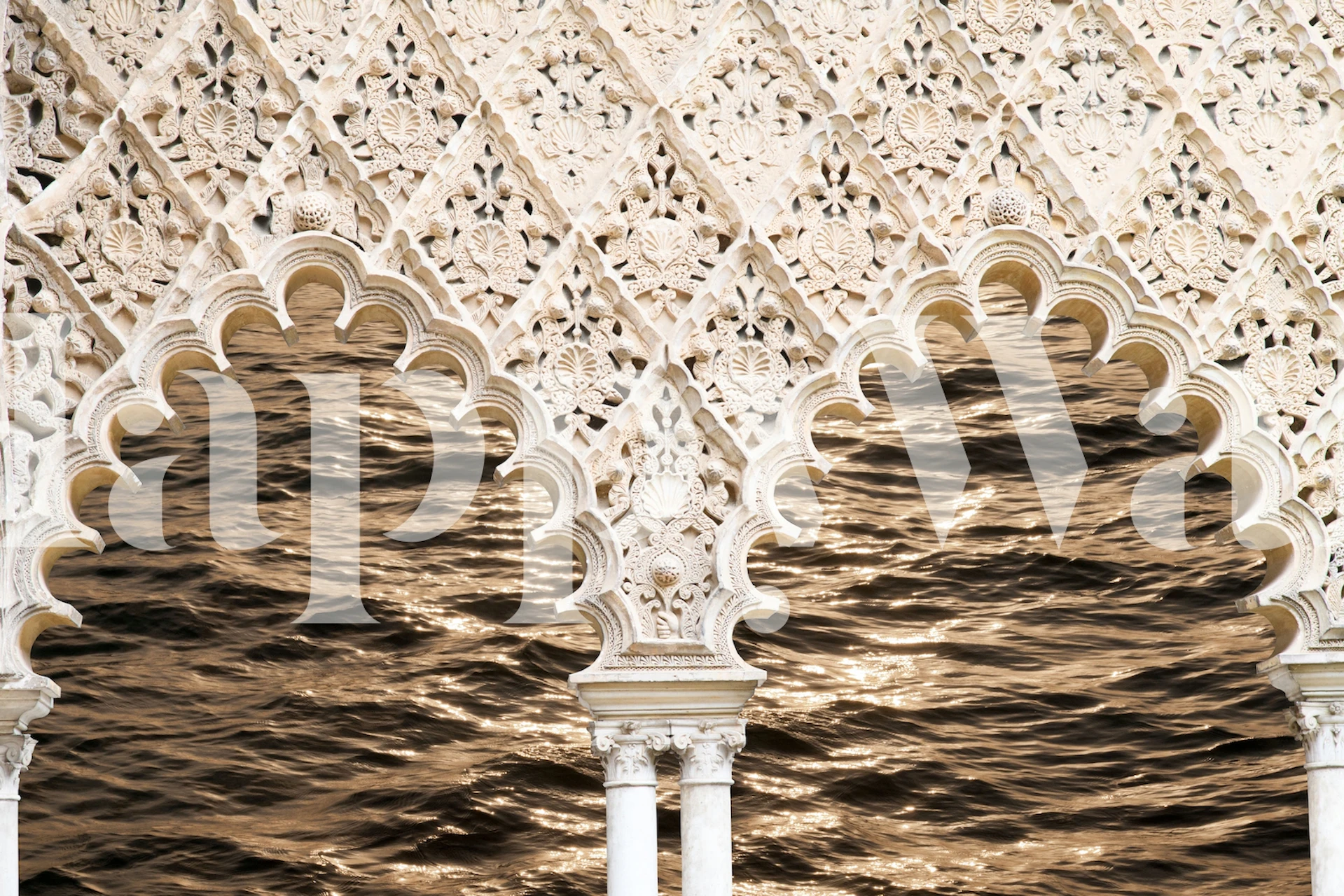 Geometric arches with ocean view reflection in shades of beige wallpaper