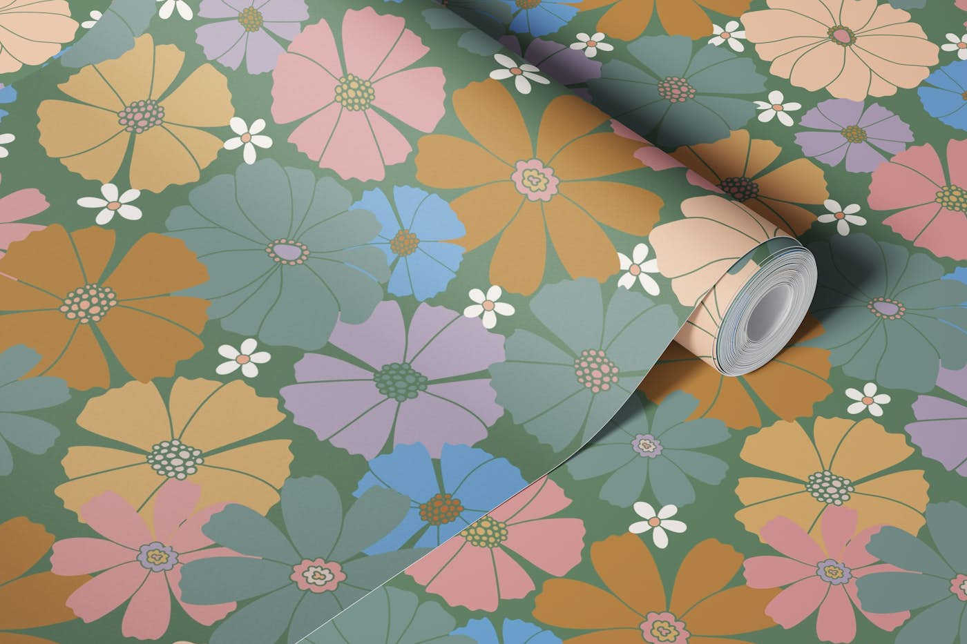 Retro Flower Meadow Pattern Green wallpaper roll