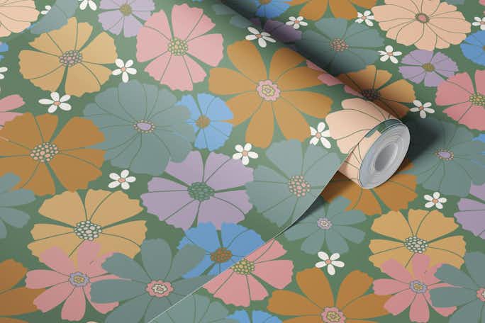 Retro Flower Meadow Pattern Greenwallpaper roll