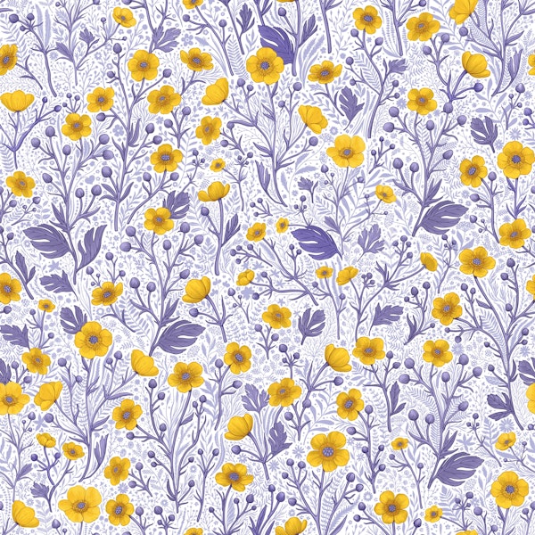 Buttercups, yellow and violet on off white