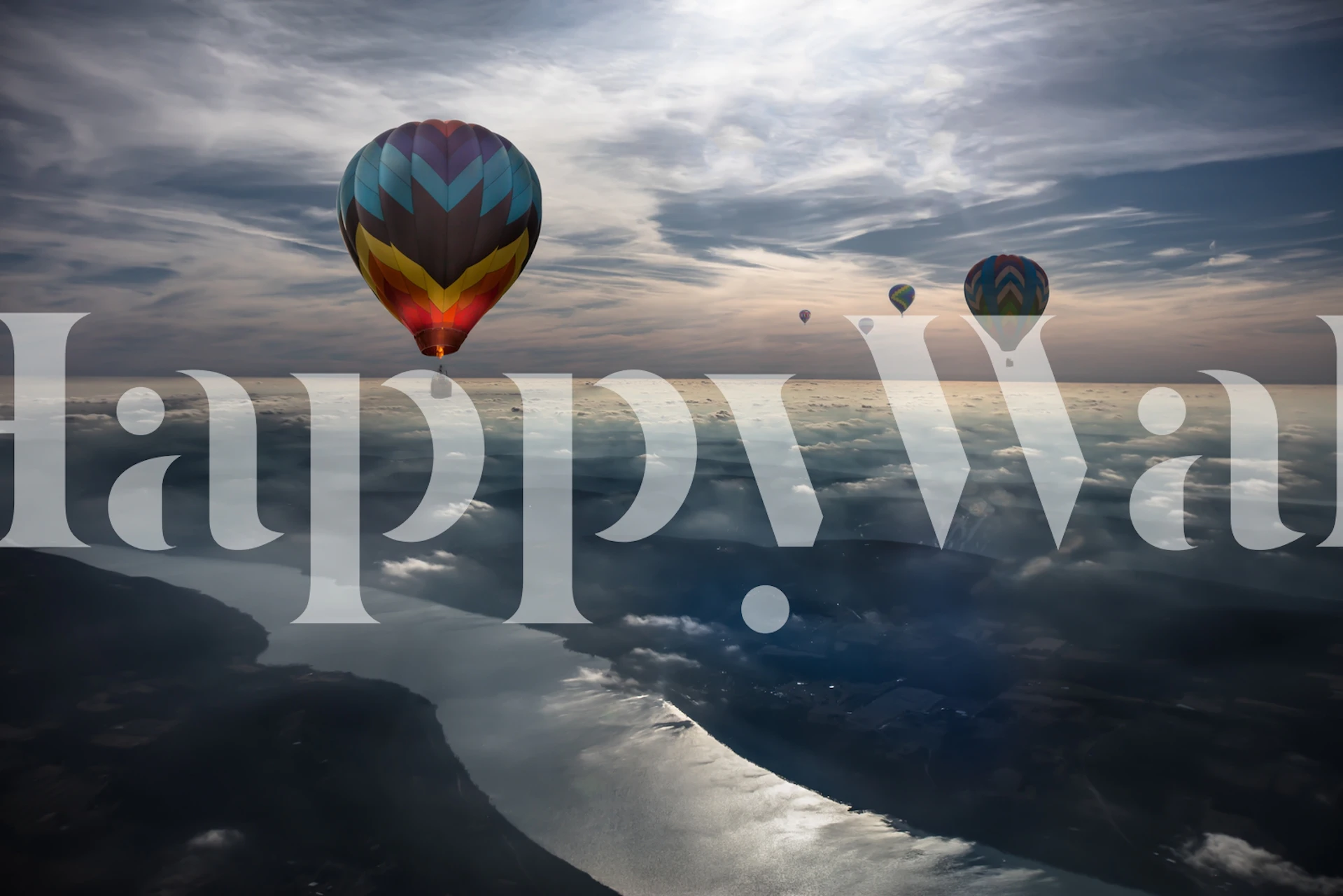 Colorful hot air balloons floating over clouds and river wallpaper