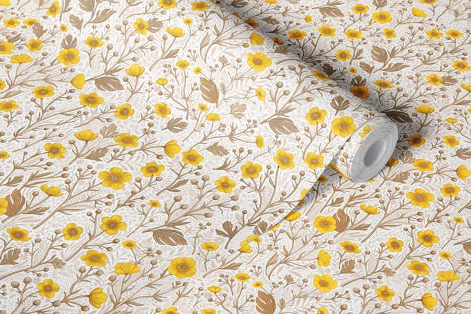 Buttercups, yellow and brownwallpaper roll
