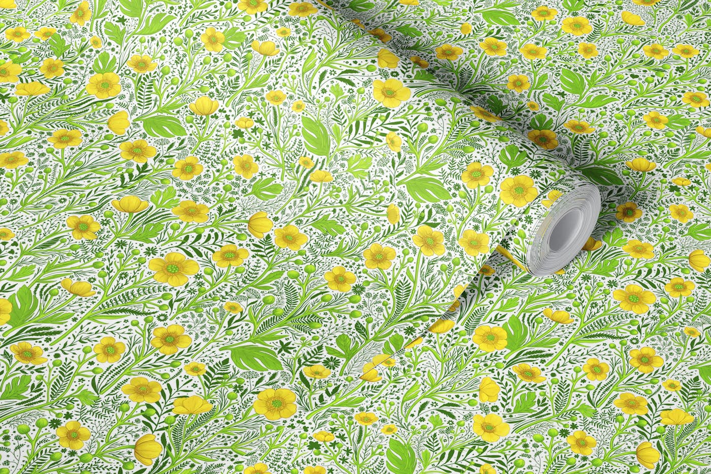 Buttercups on white wallpaper roll