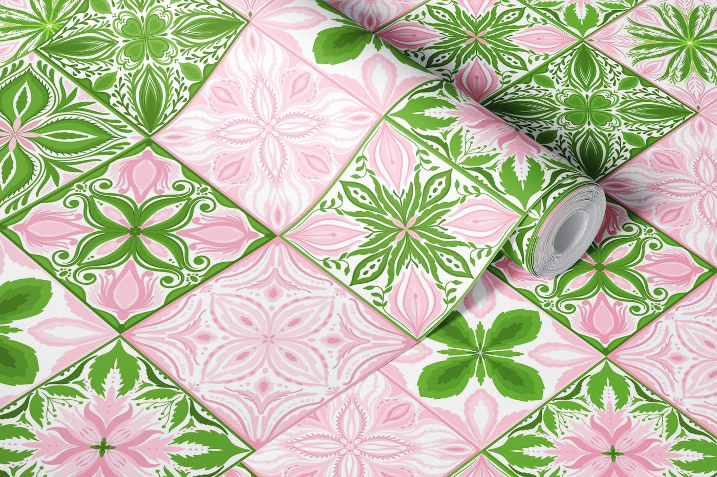 Ornate tiles in pink and green wallpaper roll