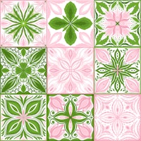 Ornate tiles in pink and green behang