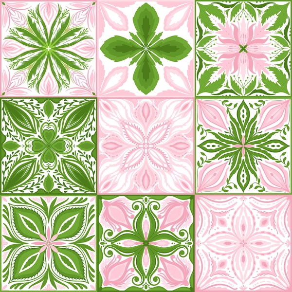 Ornate tiles in pink and green